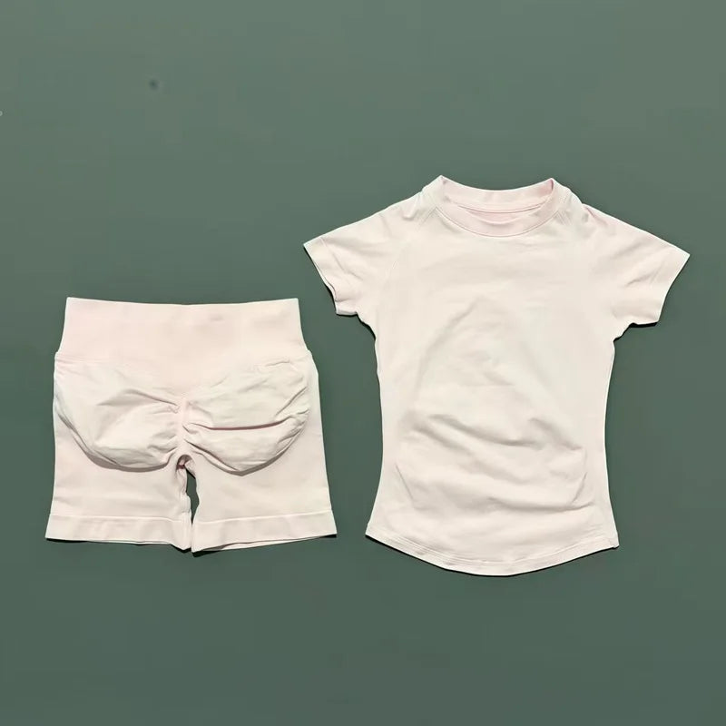Rosa Cor Conjunto Fitness Feminino 2 Peças com Shorts e Camiseta