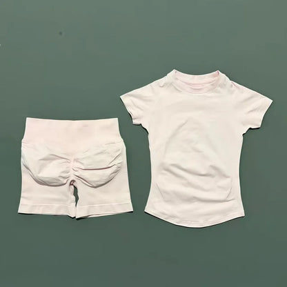 Rosa Cor Conjunto Fitness Feminino 2 Peças com Shorts e Camiseta