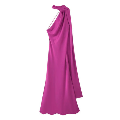 Vermelho Rosado Cor Vestido Longo Cetim Feminino Costas Nus Casual Elegante