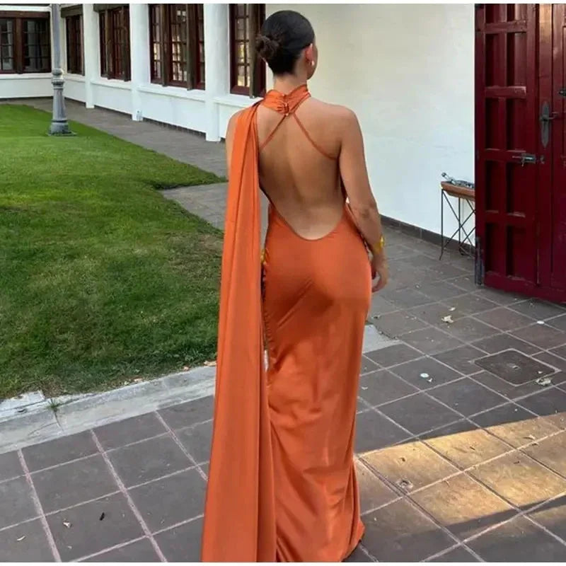 Vestido Longo Cetim Feminino Costas Nus Casual Elegante