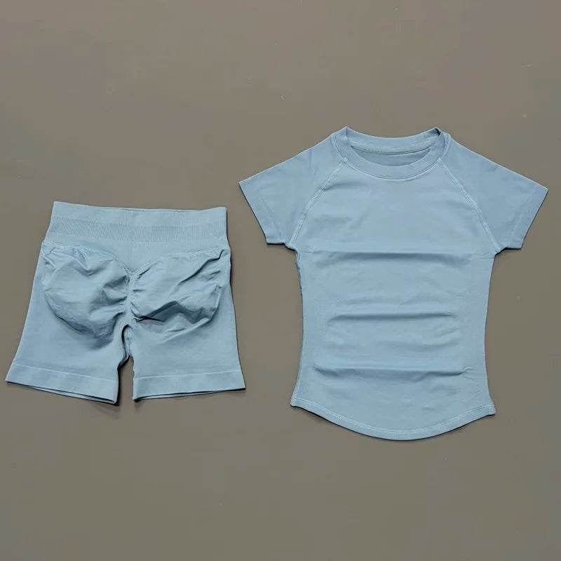 Azul Centáurea Cor Conjunto Fitness Feminino 2 Peças com Shorts e Camiseta
