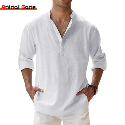 Camisa Henley Masculina Casual de Algodão Manga Longa