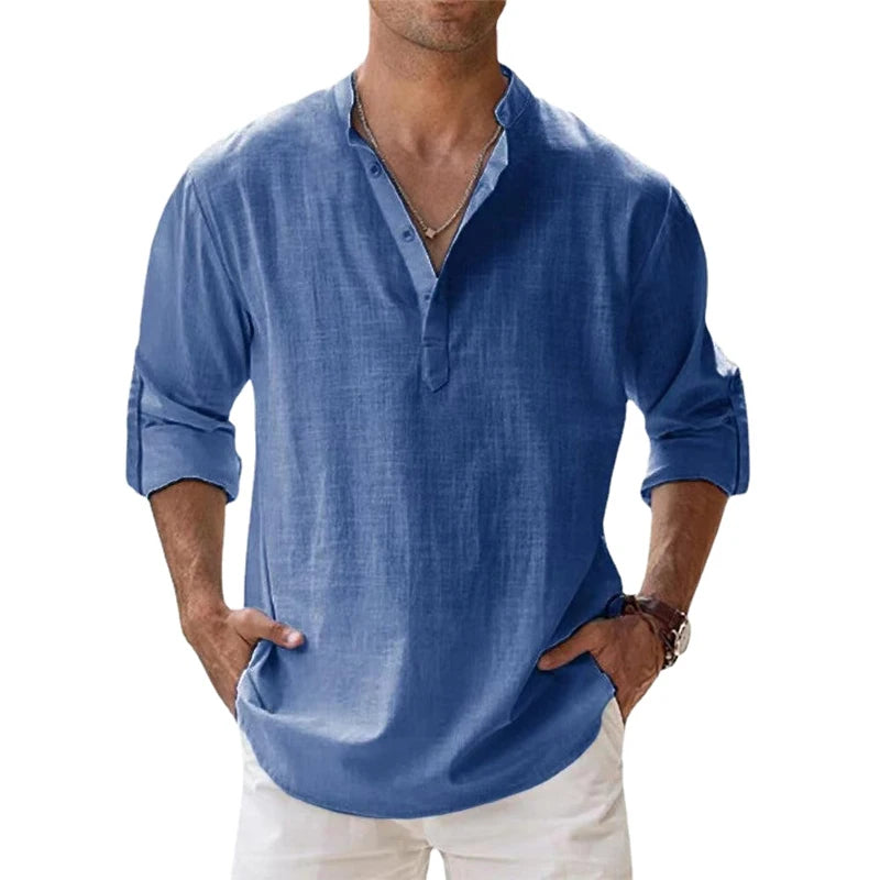 Azul jeans Cor Camisa Henley Masculina Casual de Algodão Manga Longa