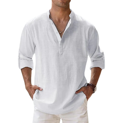 Branco Cor Camisa Henley Masculina Casual de Algodão Manga Longa