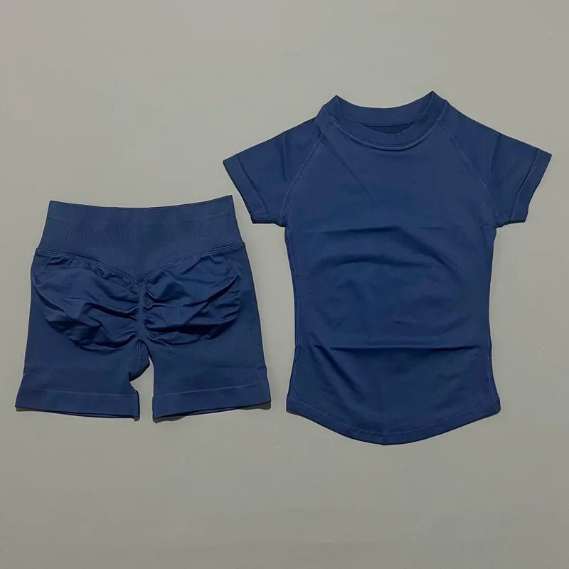 Azul Tinta Cor Conjunto Fitness Feminino 2 Peças com Shorts e Camiseta