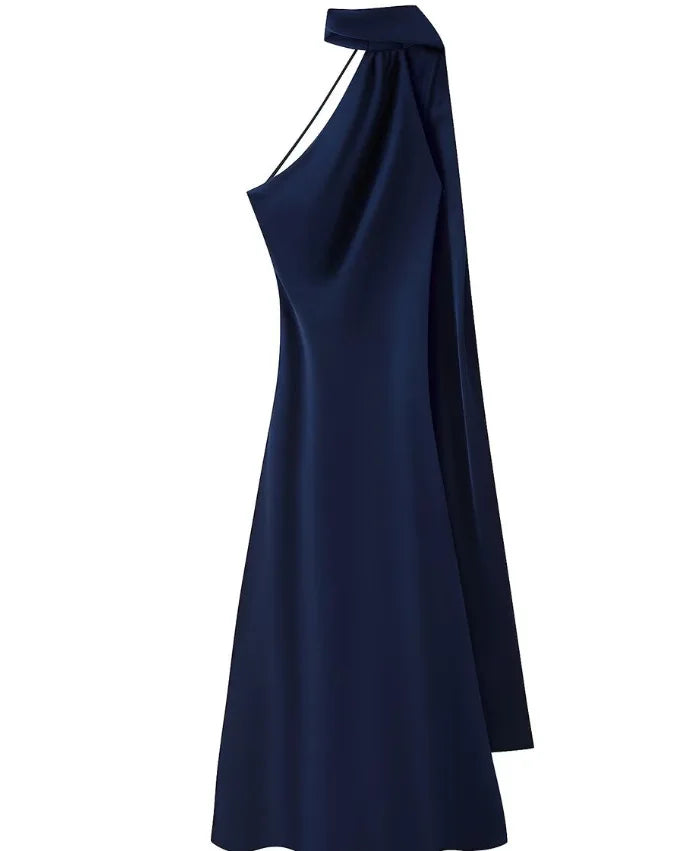 Azul Marinho Cor Vestido Longo Cetim Feminino Costas Nus Casual Elegante