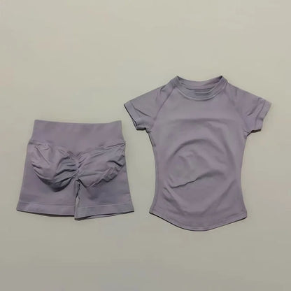 Cinza Cogumelo Cor Conjunto Fitness Feminino 2 Peças com Shorts e Camiseta