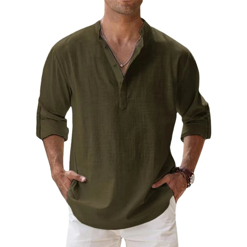 Verde-oliva Cor Camisa Henley Masculina Casual de Algodão Manga Longa