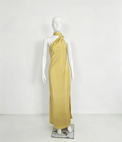 Amarelo Limão Cor Vestido Longo Cetim Feminino Costas Nus Casual Elegante