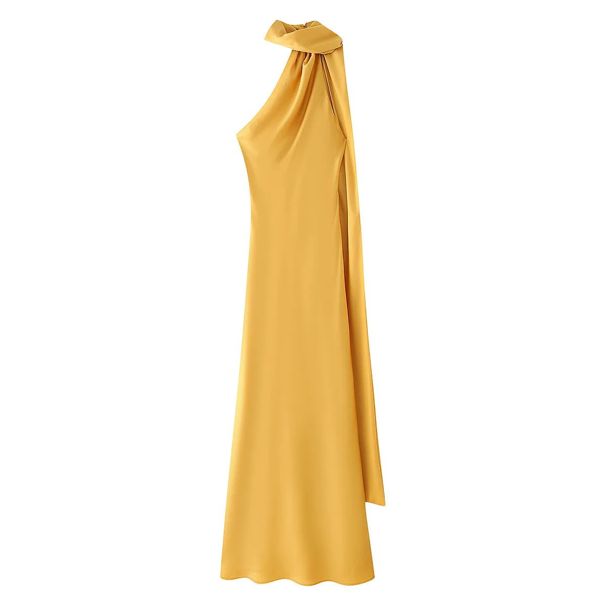 Amarelo Cor Vestido Longo Cetim Feminino Costas Nus Casual Elegante