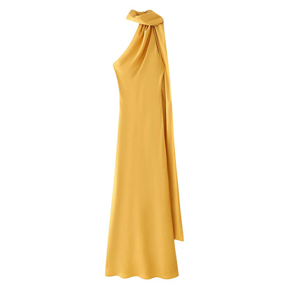 Amarelo Cor Vestido Longo Cetim Feminino Costas Nus Casual Elegante