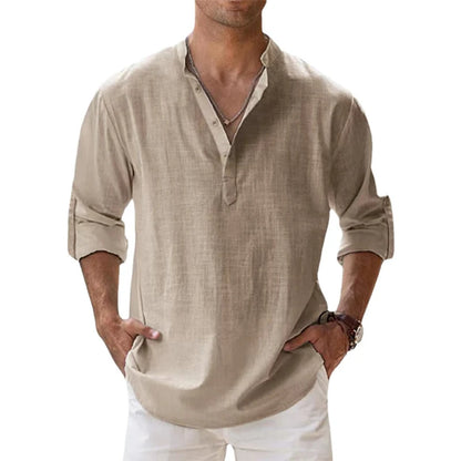 Camisa Henley Masculina Casual de Algodão Manga Longa