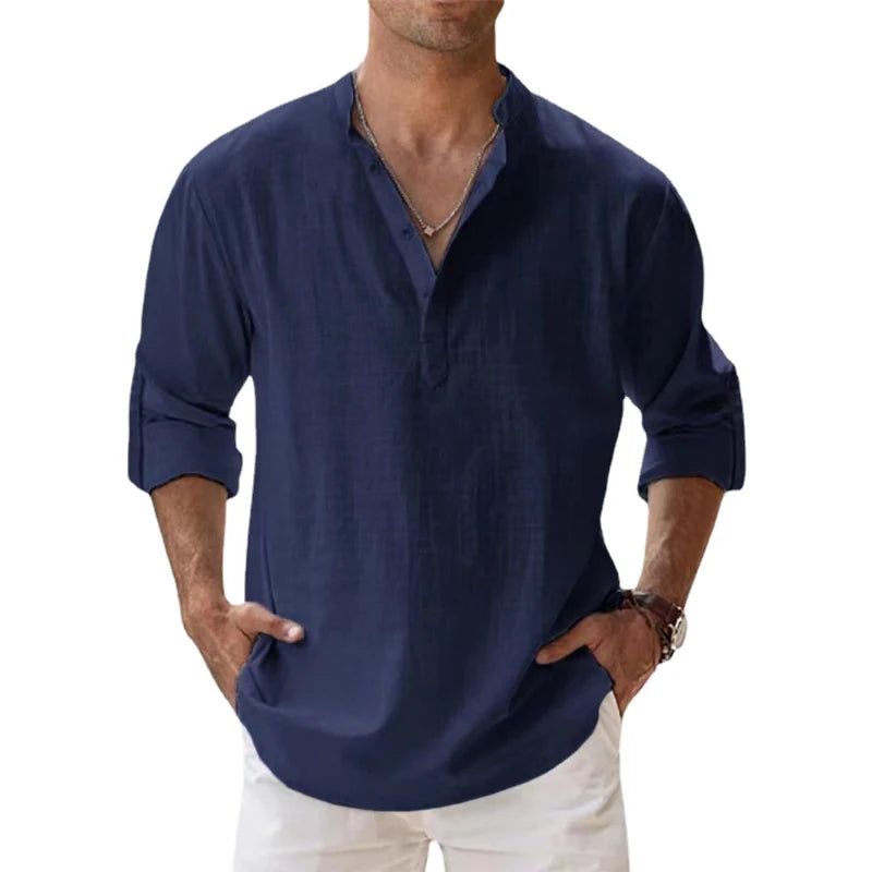 Azul-marinho Cor Camisa Henley Masculina Casual de Algodão Manga Longa
