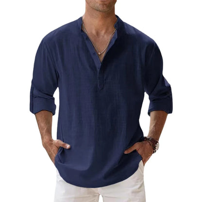 Azul-marinho Cor Camisa Henley Masculina Casual de Algodão Manga Longa