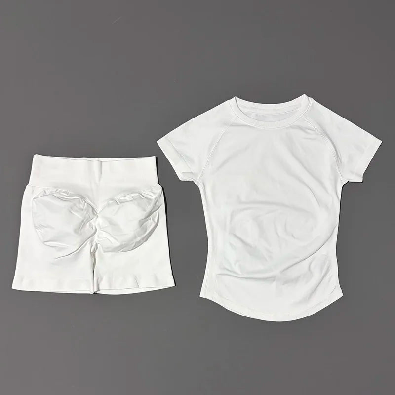 Branco Cor Conjunto Fitness Feminino 2 Peças com Shorts e Camiseta