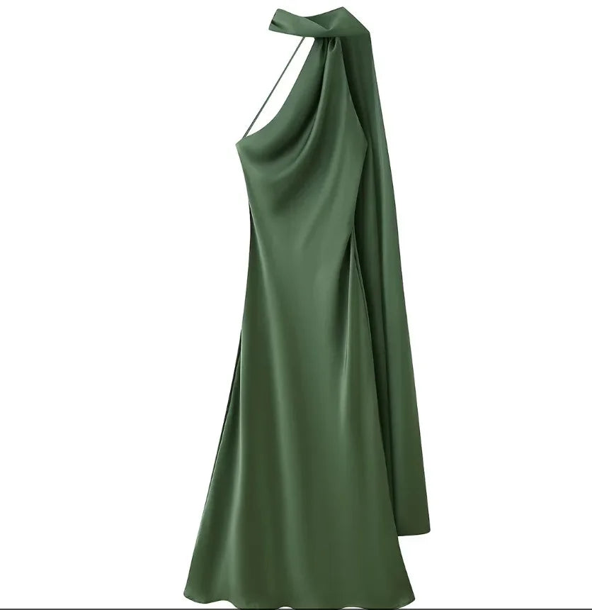 Verde Esverdeado Cor Vestido Longo Cetim Feminino Costas Nus Casual Elegante