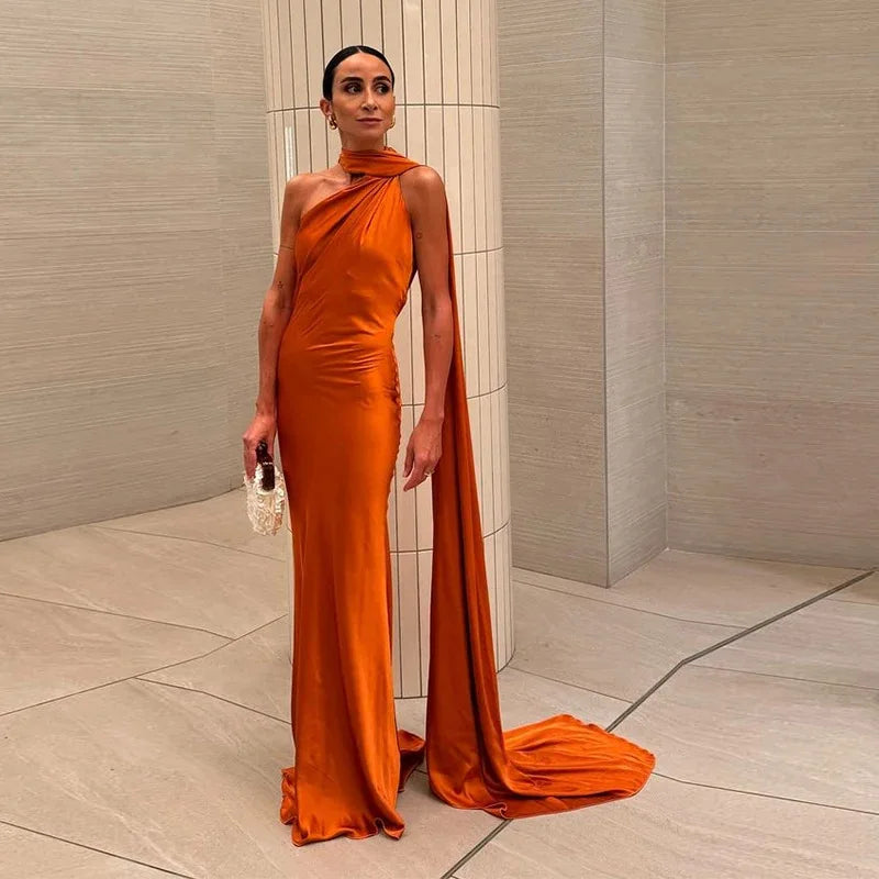 Vermelho Laranja Cor Vestido Longo Cetim Feminino Costas Nus Casual Elegante