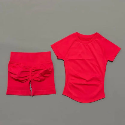 Vermelho Natal Cor Conjunto Fitness Feminino 2 Peças com Shorts e Camiseta