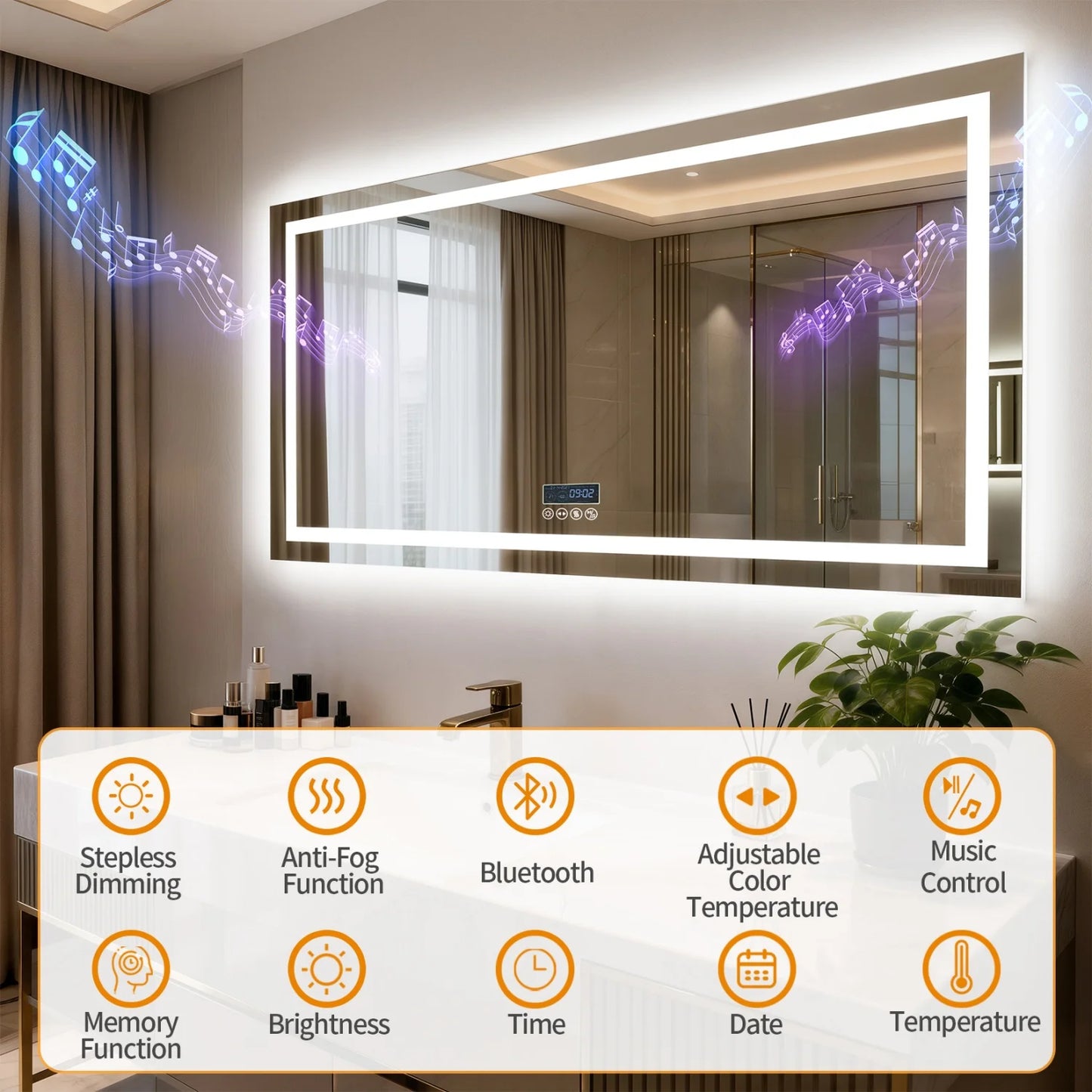 Espelho de Banheiro LED com Bluetooth e Desembaçador
