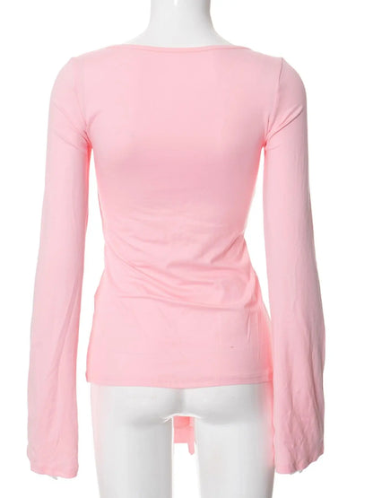 Women'S Solid Knot Front Split Hem Tee, Casual Chic Basic Long Sleeve Sweetheart Neck T-Shirt for Fall, Women'S Clothing for Daily Wear Top