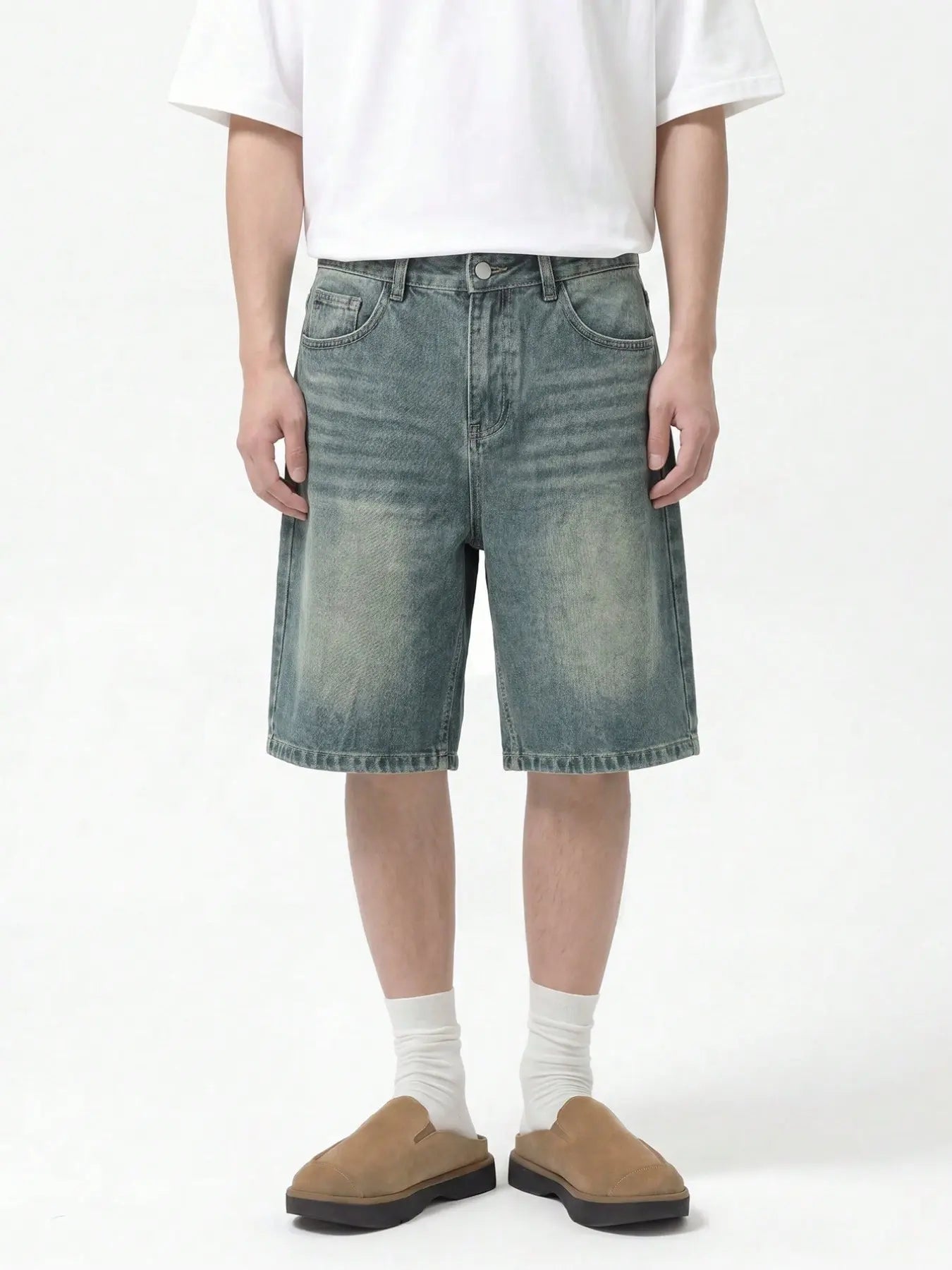 Men'S Loose-Fit Straight Leg Denim Shorts, Casual Comfortable Washed Jeans, Natural Waist, Zipper Fly, All Seasons, Scb08 Batch