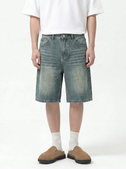 Men'S Loose-Fit Straight Leg Denim Shorts, Casual Comfortable Washed Jeans, Natural Waist, Zipper Fly, All Seasons, Scb08 Batch
