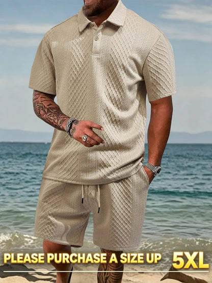 Please Purchase a Size Up. Men'S Solid Casual Polo Shirt & Drawstring Waist Shorts Set, Cozy Breathable Two-Piece Outfits for Daily Outdoor Wear, Men Clothes for Summer.