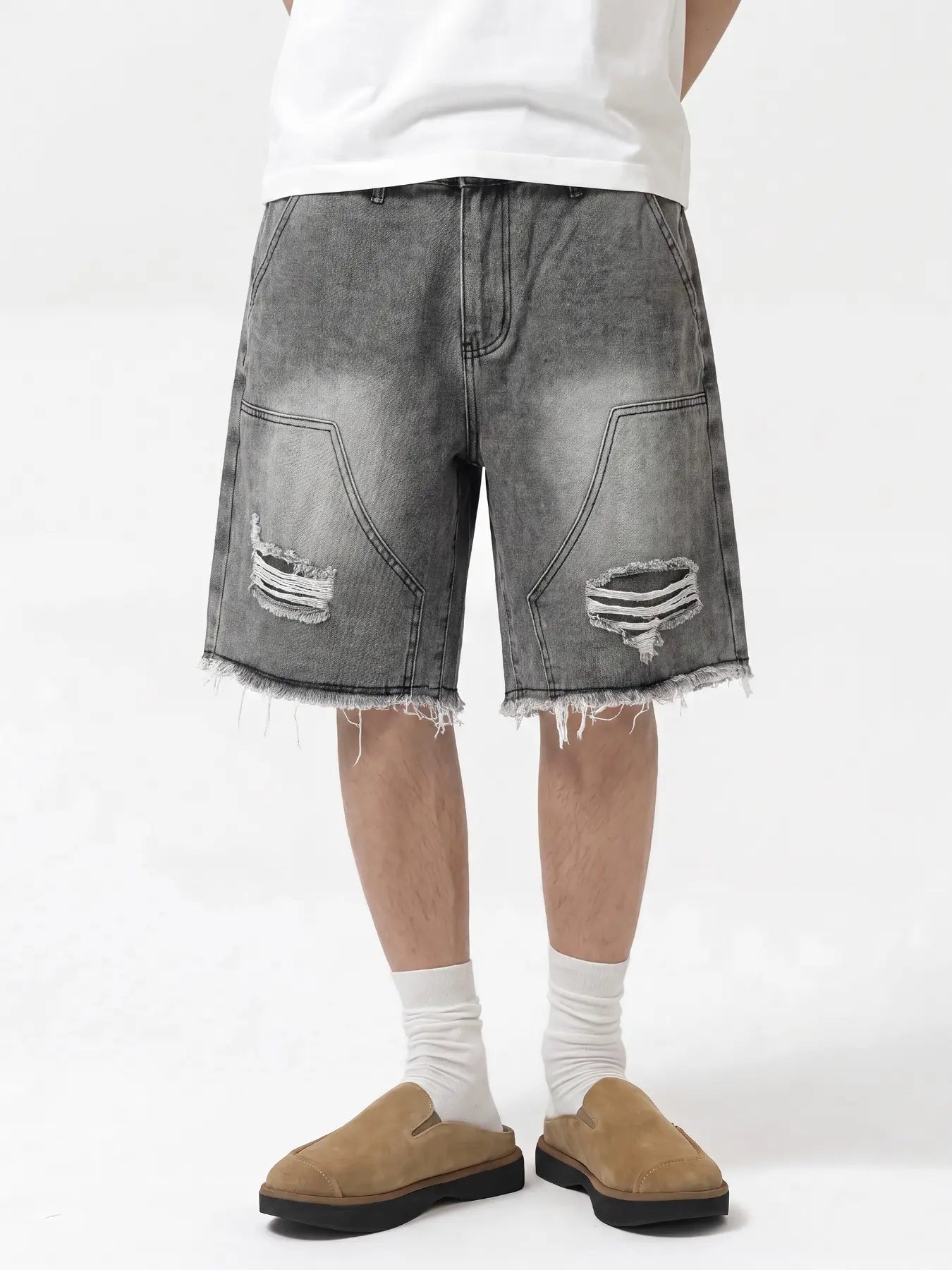 Men'S Loose-Fit Straight Leg Denim Shorts, Casual Comfortable Washed Jeans, Natural Waist, Zipper Fly, All Seasons, Scb08 Batch
