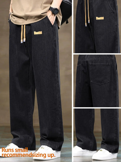 Men'S Drawstring Elastic Waist Straight Leg Jeans, Solid Color Plain Casual Versatile Non Stretch Denim Pants, Fit Straight Leg Version, Suitable for All Seasons