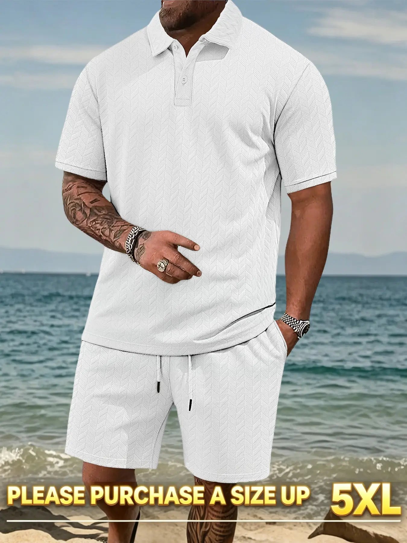 Please Purchase a Size Up. Men'S Solid Casual Polo Shirt & Drawstring Waist Shorts Set, Cozy Breathable Two-Piece Outfits for Daily Outdoor Wear, Men Clothes for Summer.