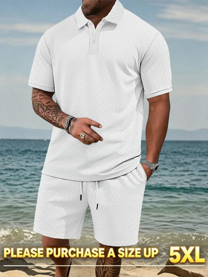 Please Purchase a Size Up. Men'S Solid Casual Polo Shirt & Drawstring Waist Shorts Set, Cozy Breathable Two-Piece Outfits for Daily Outdoor Wear, Men Clothes for Summer.