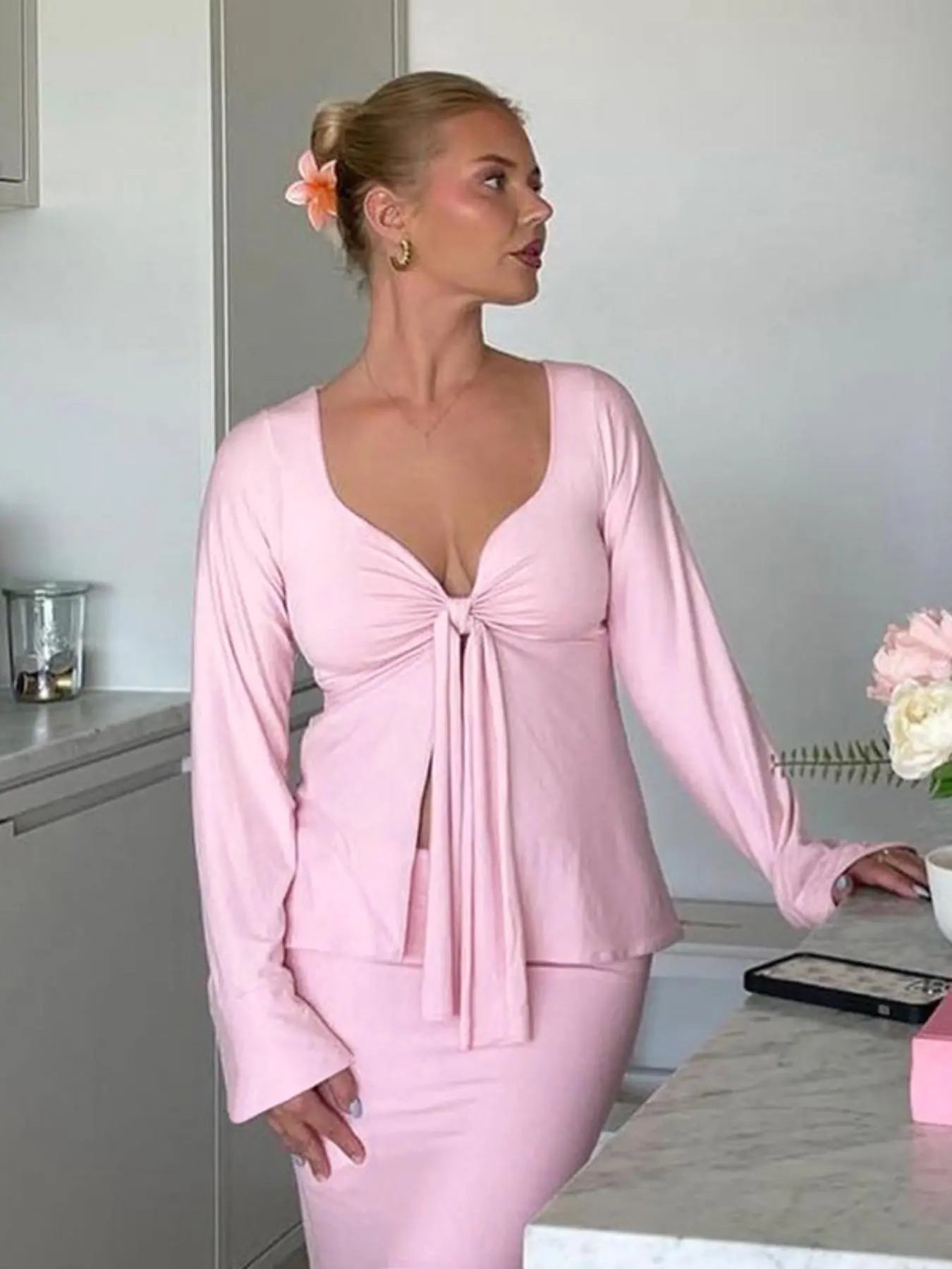 Women'S Solid Knot Front Split Hem Tee, Casual Chic Basic Long Sleeve Sweetheart Neck T-Shirt for Fall, Women'S Clothing for Daily Wear Top
