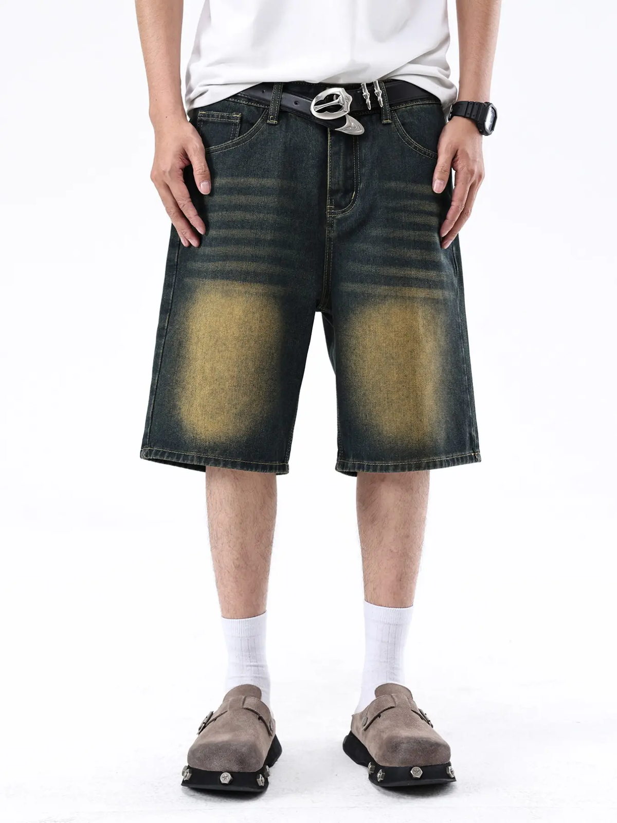 Men'S Loose-Fit Straight Leg Denim Shorts, Casual Comfortable Washed Jeans, Natural Waist, Zipper Fly, All Seasons, Scb08 Batch