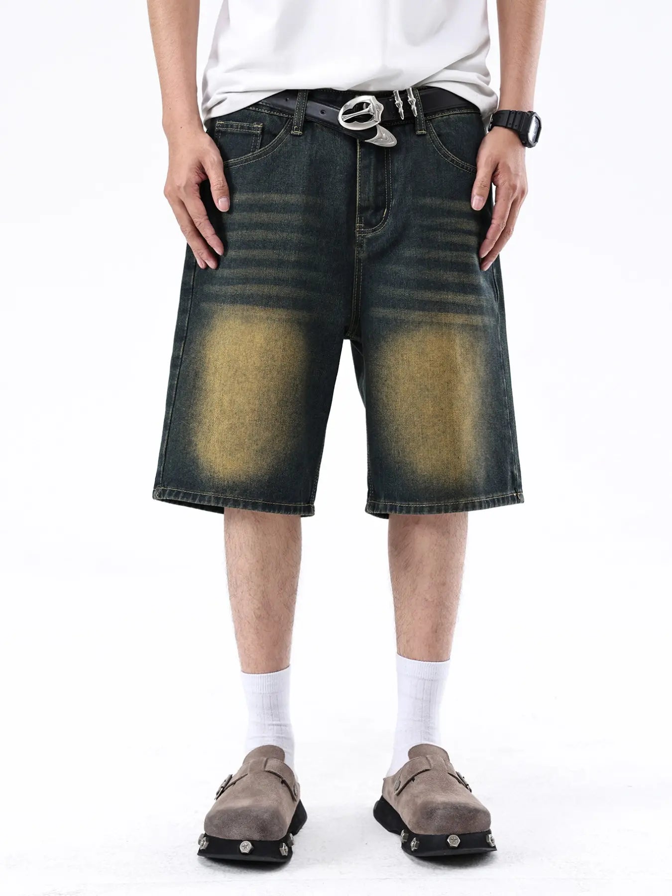 Men'S Loose-Fit Straight Leg Denim Shorts, Casual Comfortable Washed Jeans, Natural Waist, Zipper Fly, All Seasons, Scb08 Batch