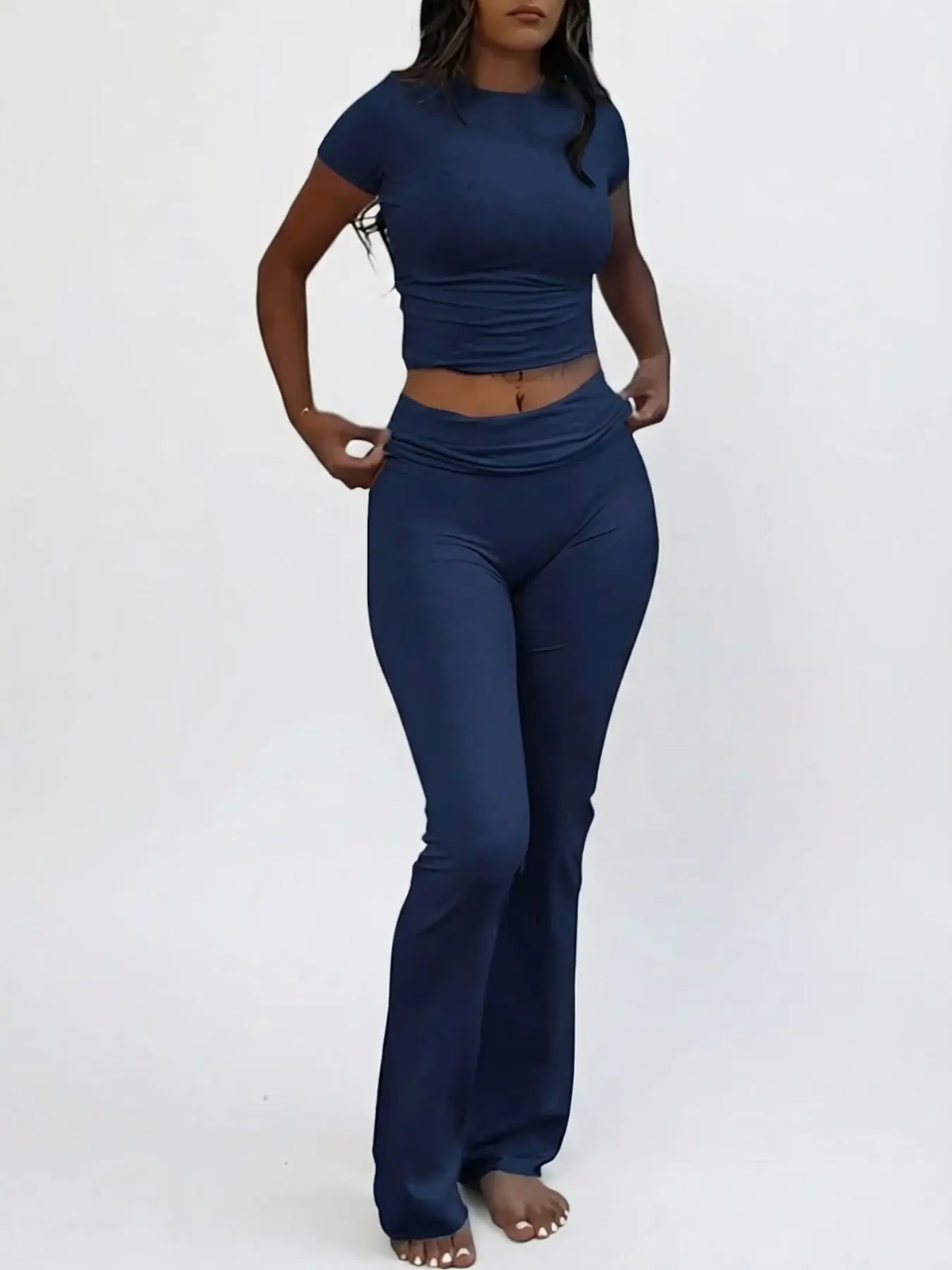 Women'S Solid round Neck Crop Top & Skinny Pants Knit Loungewear Set, Summer Outfits 2024, Casual Comfy Pyjama Set for Women, Comfy Loungewear Set for Women Home Wear, Pyjamas for Women, Pajama Set, Homewear