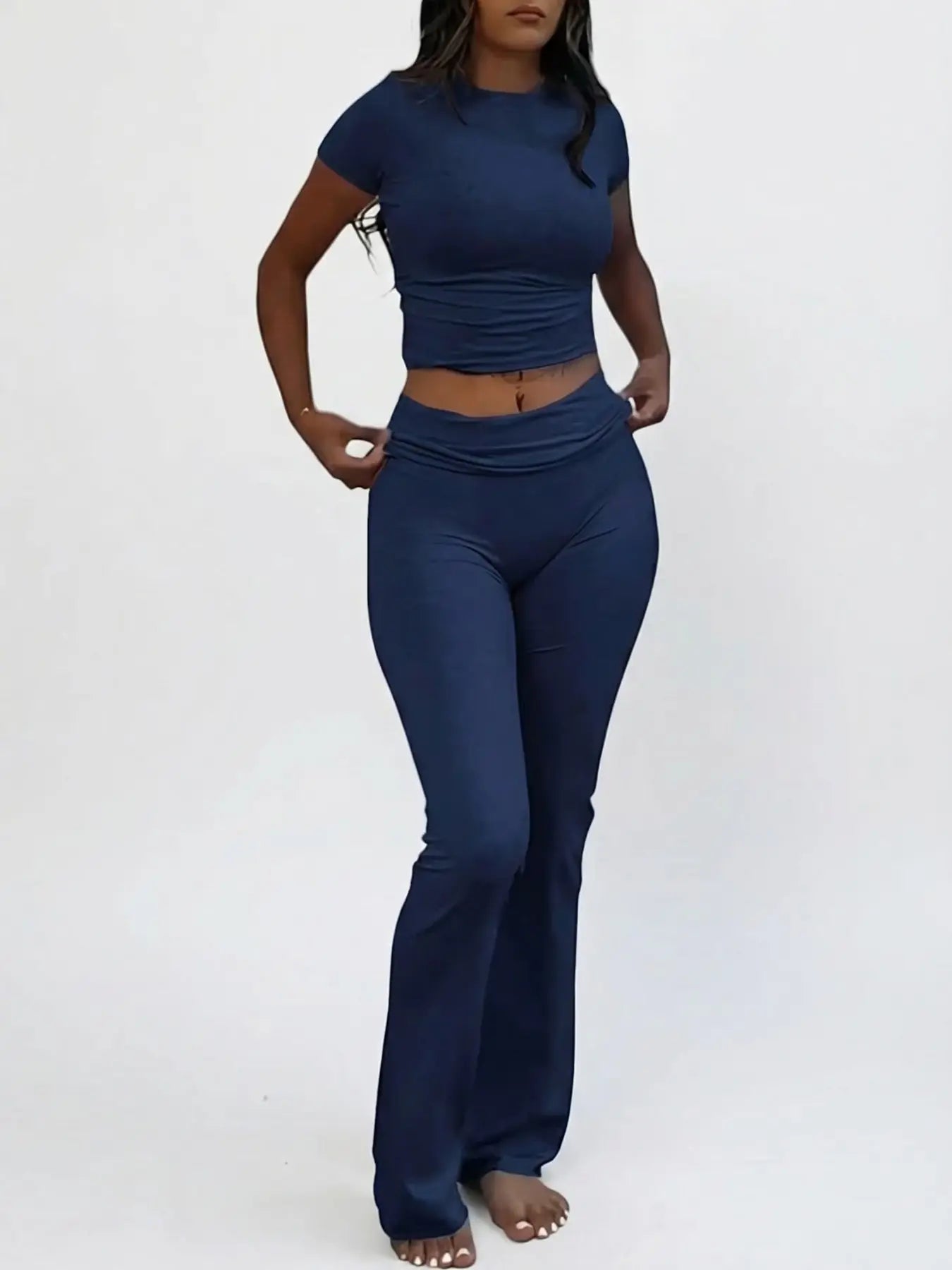 Women'S Solid round Neck Crop Top & Skinny Pants Knit Loungewear Set, Summer Outfits 2024, Casual Comfy Pyjama Set for Women, Comfy Loungewear Set for Women Home Wear, Pyjamas for Women, Pajama Set, Homewear