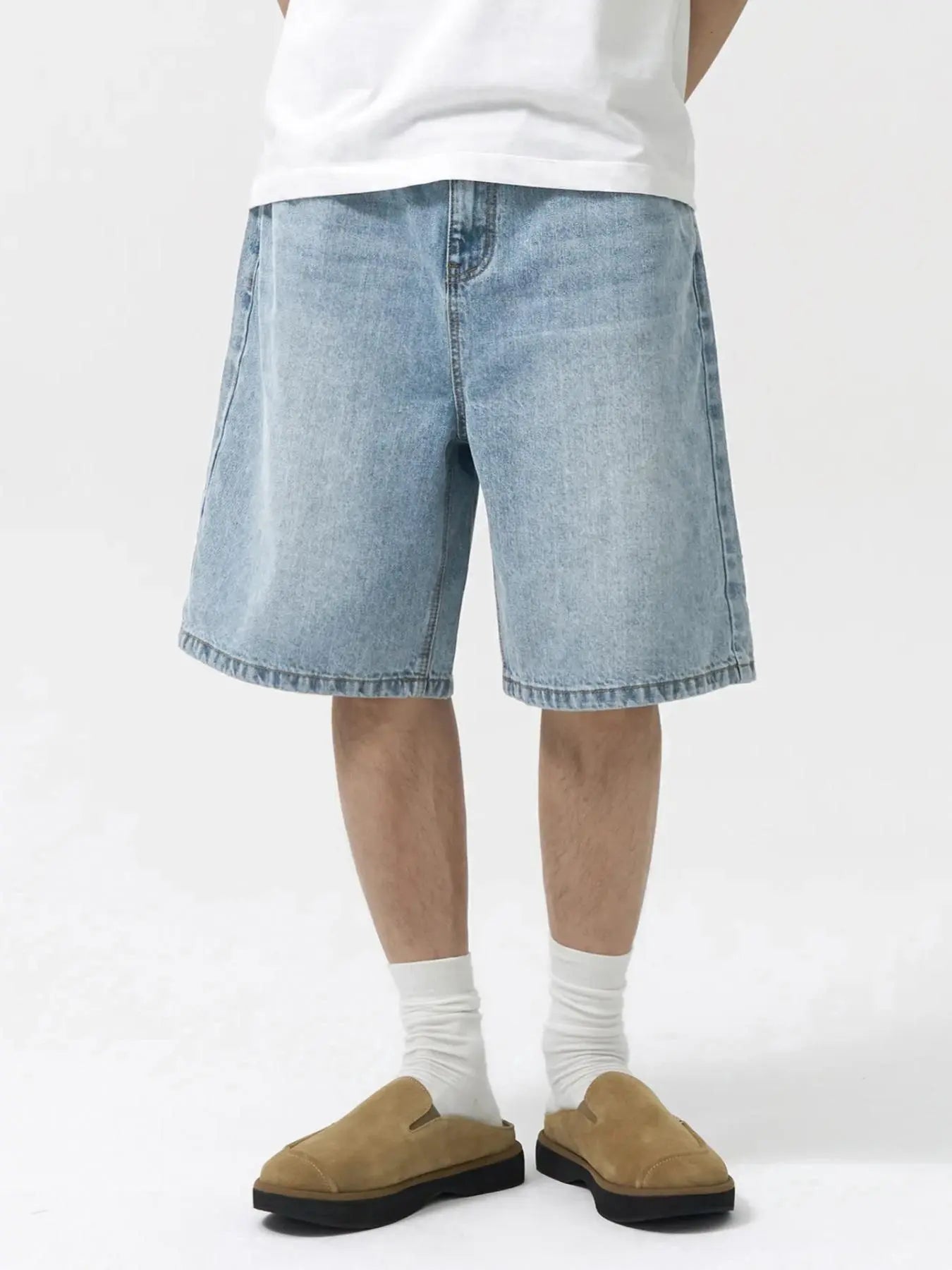 Men'S Loose-Fit Straight Leg Denim Shorts, Casual Comfortable Washed Jeans, Natural Waist, Zipper Fly, All Seasons, Scb08 Batch