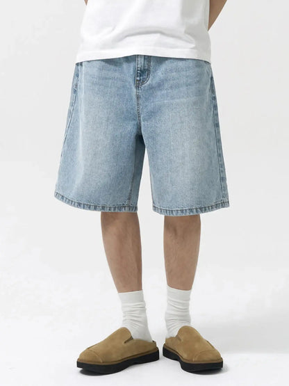 Men'S Loose-Fit Straight Leg Denim Shorts, Casual Comfortable Washed Jeans, Natural Waist, Zipper Fly, All Seasons, Scb08 Batch