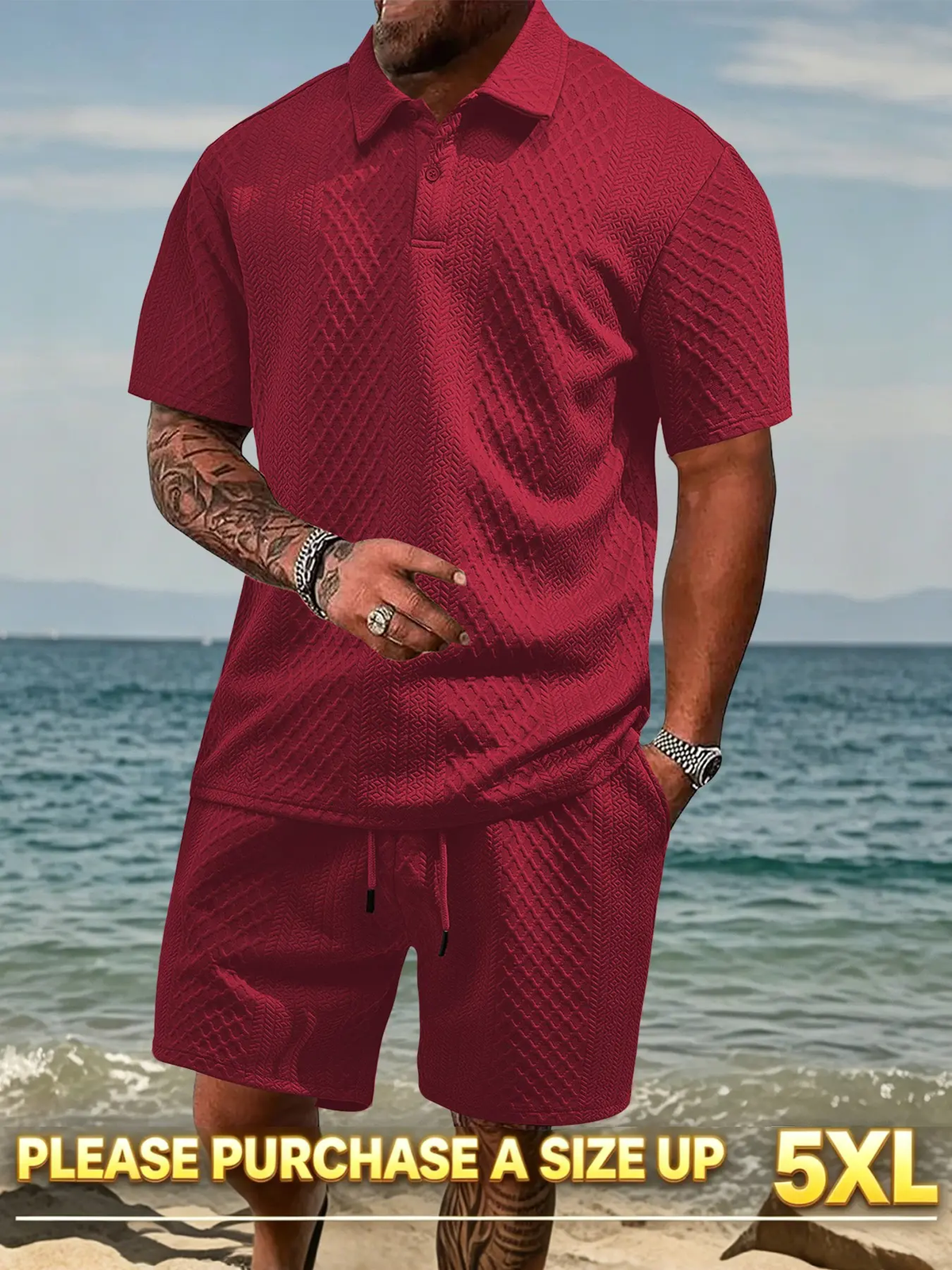 Please Purchase a Size Up. Men'S Solid Casual Polo Shirt & Drawstring Waist Shorts Set, Cozy Breathable Two-Piece Outfits for Daily Outdoor Wear, Men Clothes for Summer.