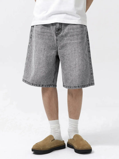Men'S Loose-Fit Straight Leg Denim Shorts, Casual Comfortable Washed Jeans, Natural Waist, Zipper Fly, All Seasons, Scb08 Batch