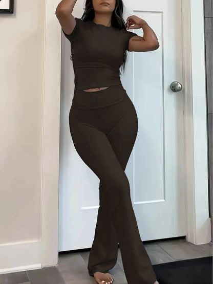 Women'S Solid round Neck Crop Top & Skinny Pants Knit Loungewear Set, Summer Outfits 2024, Casual Comfy Pyjama Set for Women, Comfy Loungewear Set for Women Home Wear, Pyjamas for Women, Pajama Set, Homewear