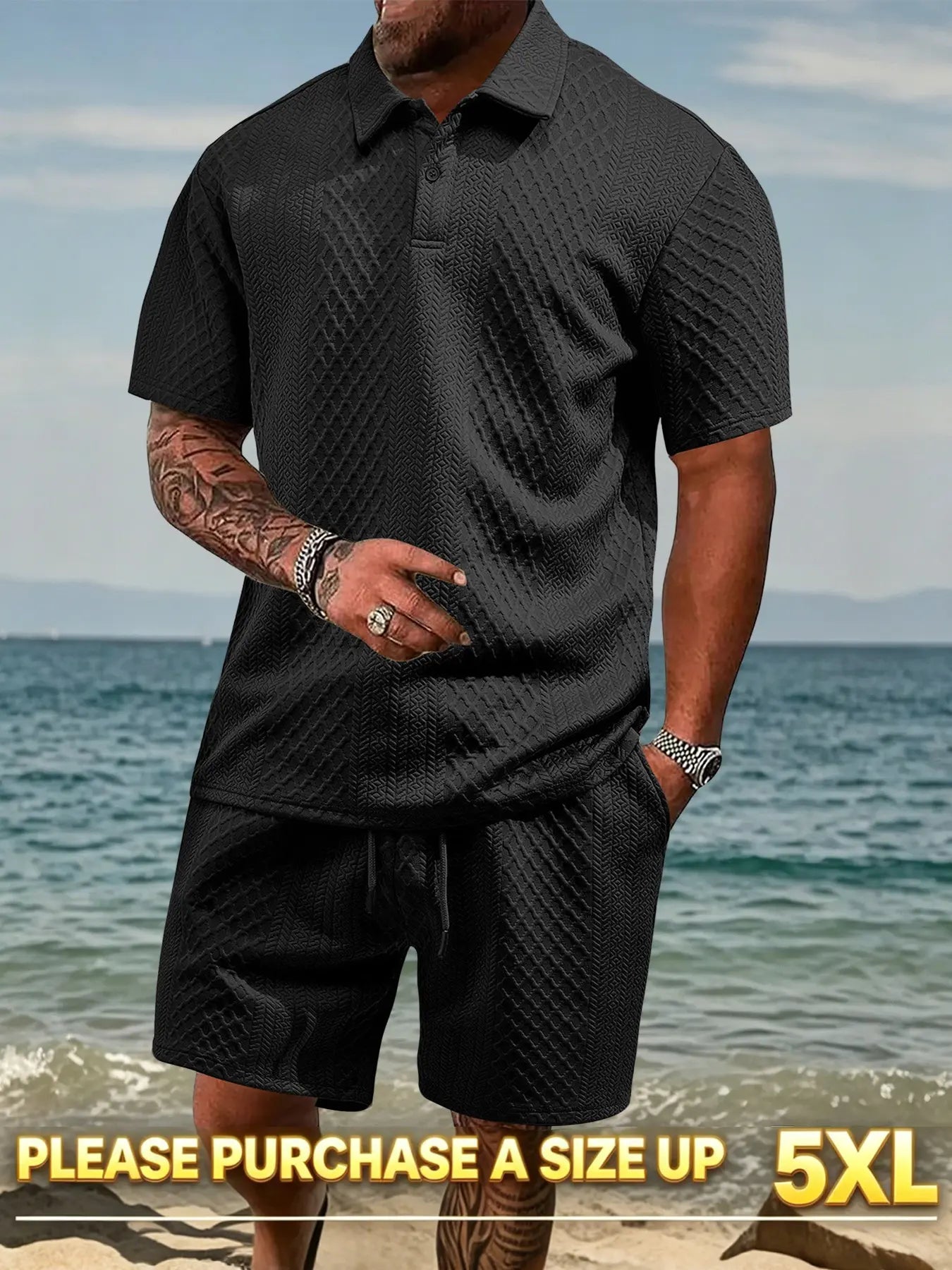 Please Purchase a Size Up. Men'S Solid Casual Polo Shirt & Drawstring Waist Shorts Set, Cozy Breathable Two-Piece Outfits for Daily Outdoor Wear, Men Clothes for Summer.