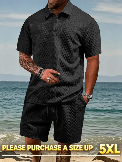 Please Purchase a Size Up. Men'S Solid Casual Polo Shirt & Drawstring Waist Shorts Set, Cozy Breathable Two-Piece Outfits for Daily Outdoor Wear, Men Clothes for Summer.