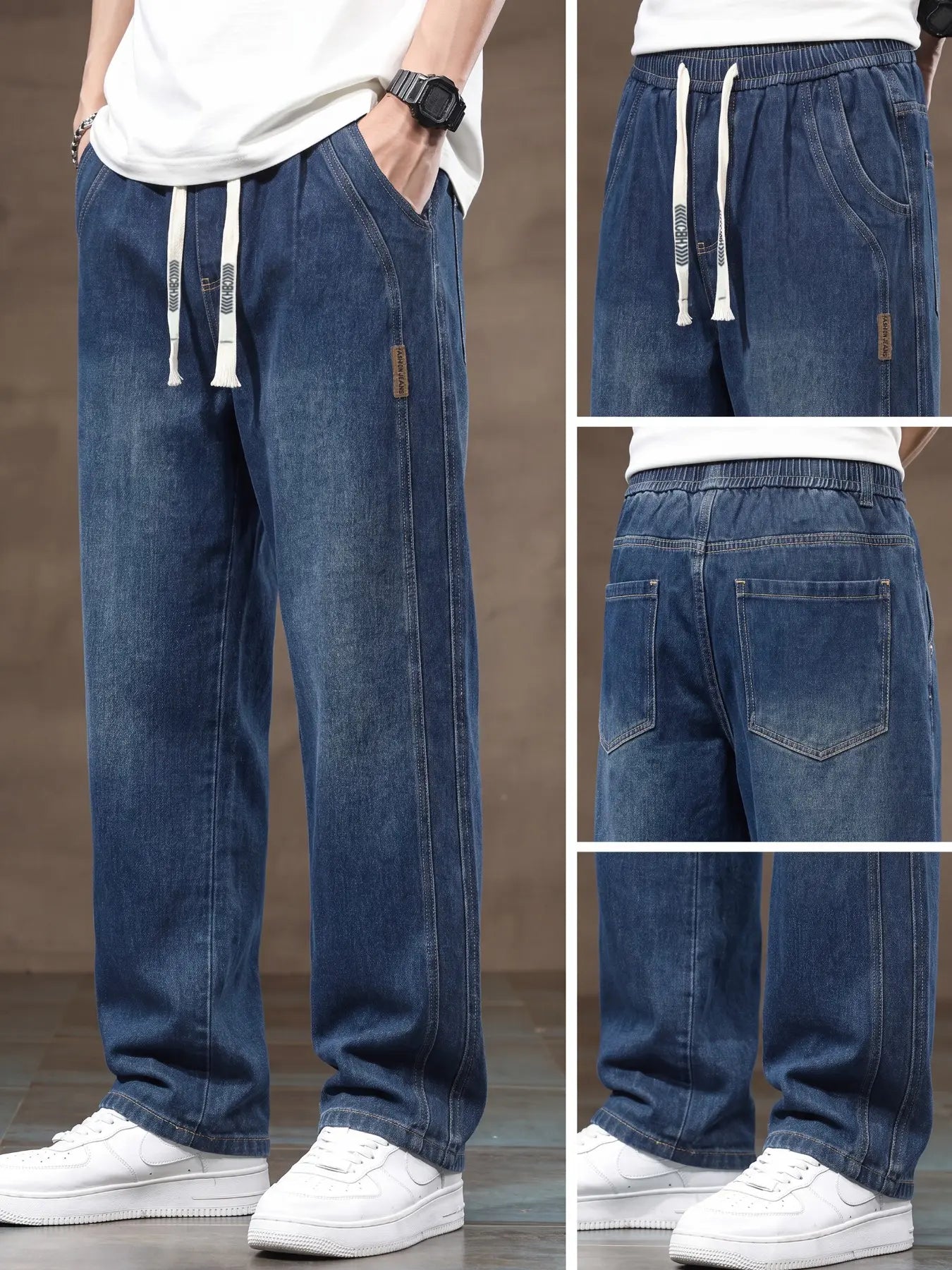 Men'S Drawstring Elastic Waist Straight Leg Jeans, Solid Color Plain Casual Versatile Non Stretch Denim Pants, Fit Straight Leg Version, Suitable for All Seasons