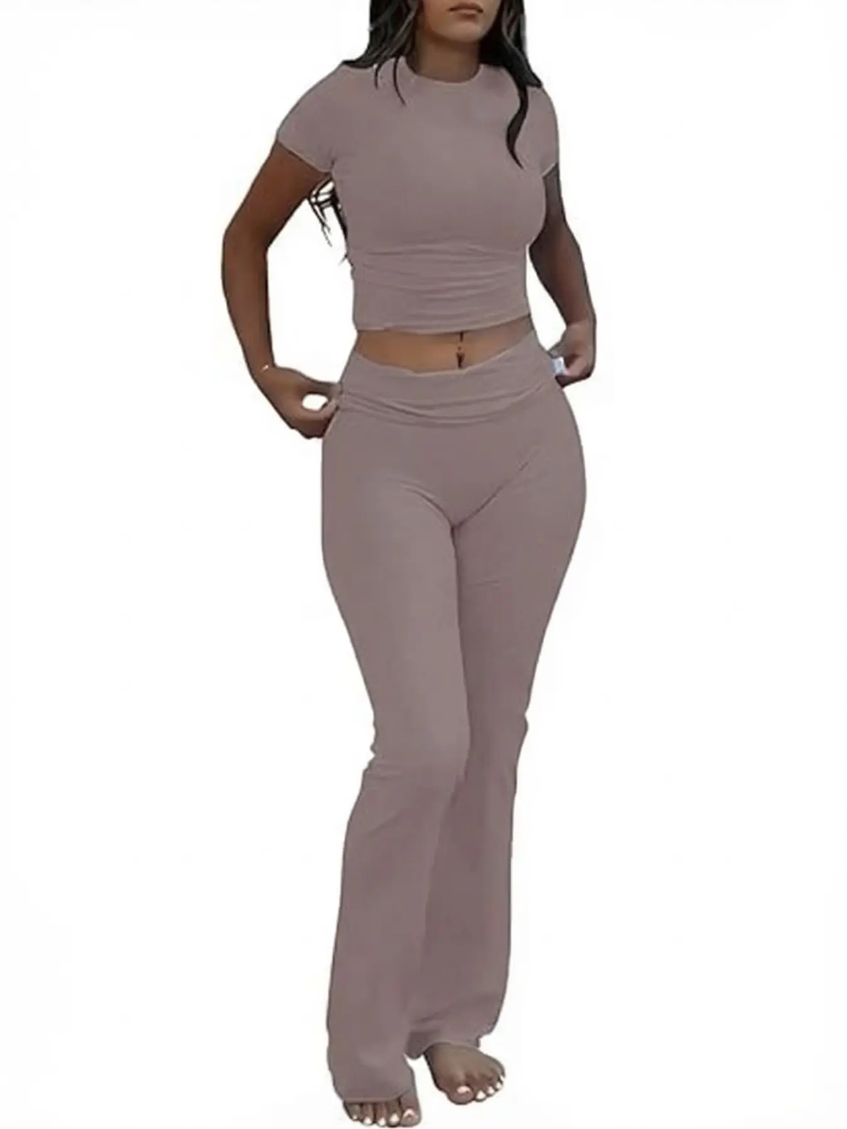Women'S Solid round Neck Crop Top & Skinny Pants Knit Loungewear Set, Summer Outfits 2024, Casual Comfy Pyjama Set for Women, Comfy Loungewear Set for Women Home Wear, Pyjamas for Women, Pajama Set, Homewear