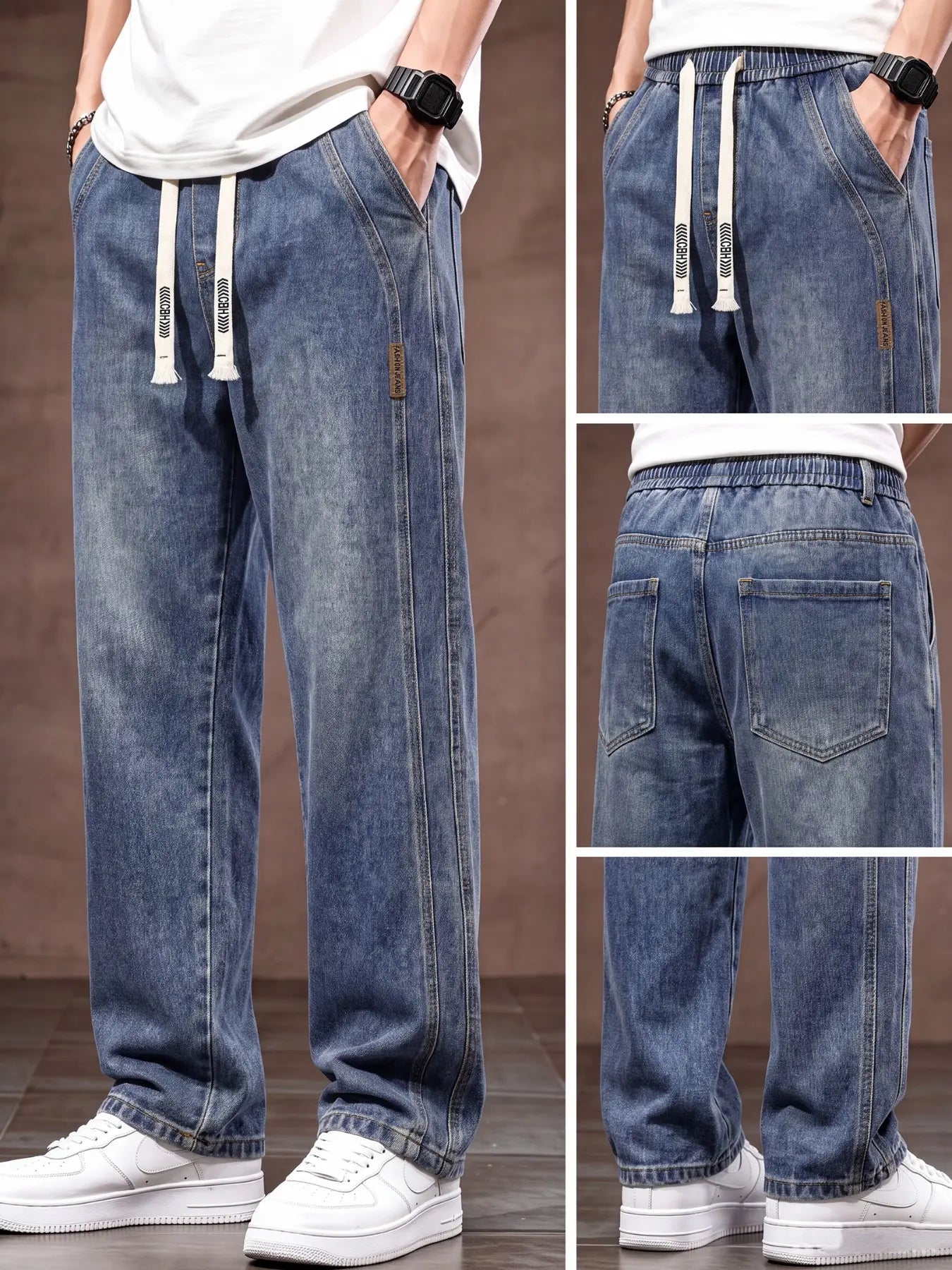 Men'S Drawstring Elastic Waist Straight Leg Jeans, Solid Color Plain Casual Versatile Non Stretch Denim Pants, Fit Straight Leg Version, Suitable for All Seasons